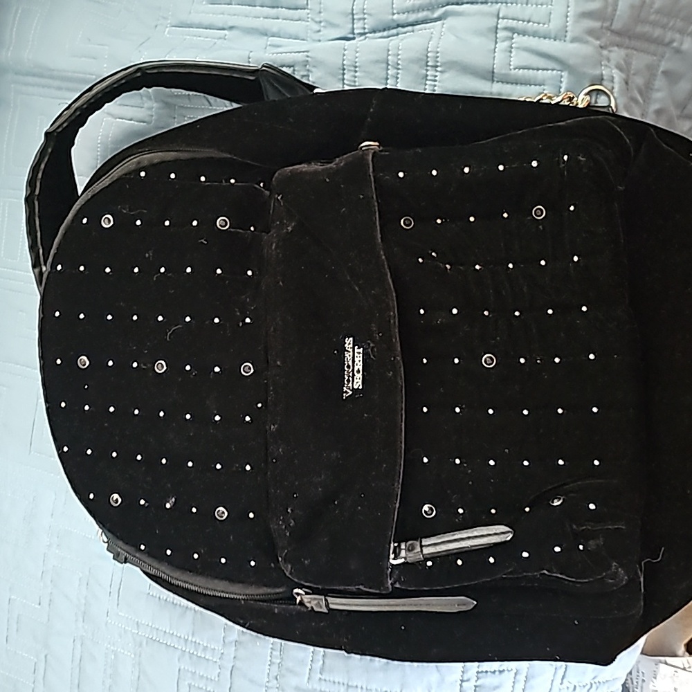Victoria’s Secret Studded Beads Black Leather Mini Backpack Chain Womens Ladies